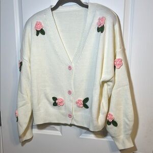 Cream Cardigan with Crochet Flowers